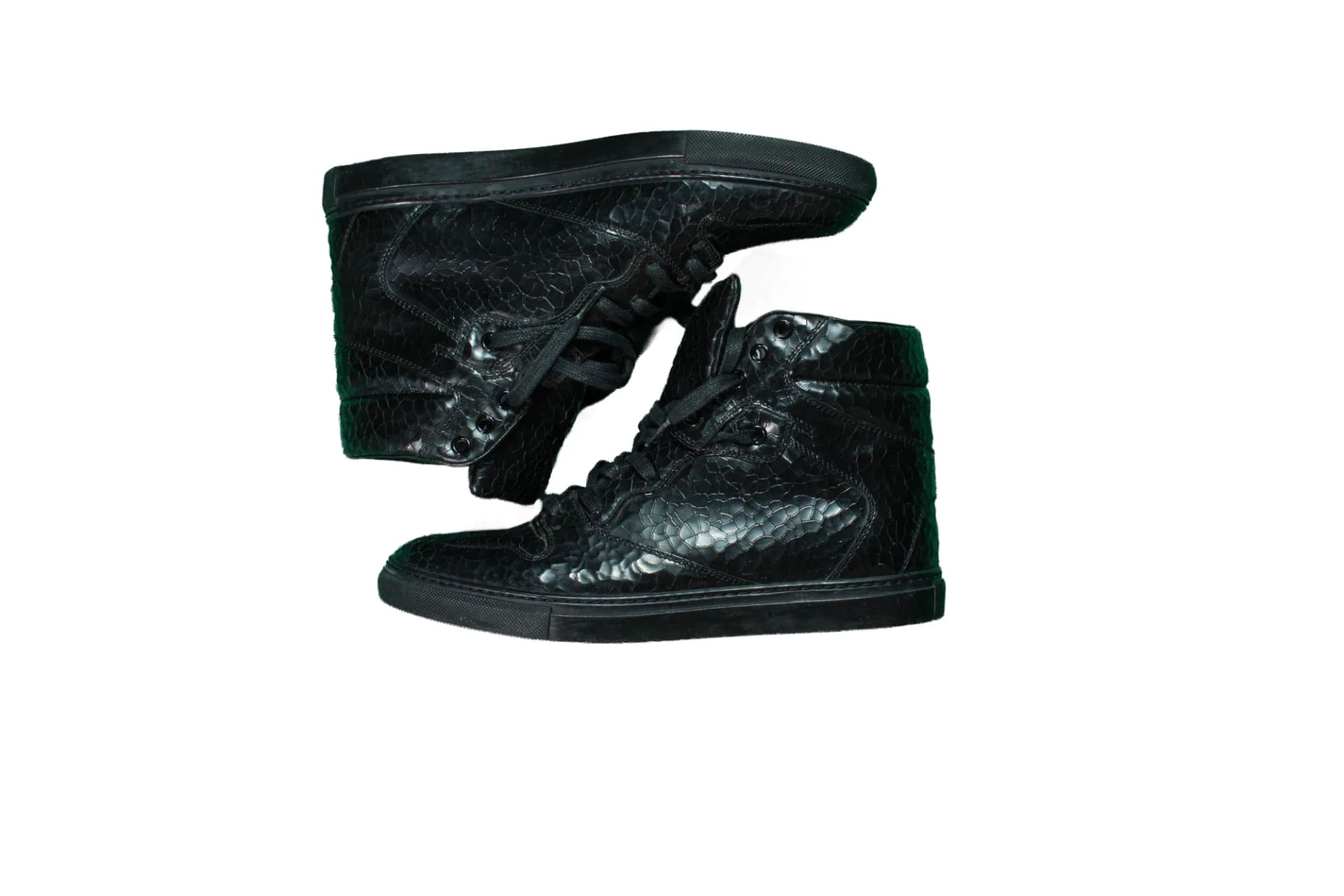Balenciaga Black Leather Cracled patent high top shoes